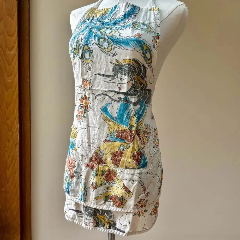 Vintage Geisha and Peacock Print Halter Apron with Pockets
